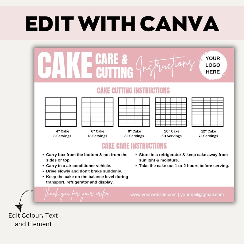 Editable Cake Care & Cutting Guide Canva Template,printable Cake ...