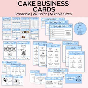 Tarjetas de presentación para pasteles, plantilla editable de Canva, letrero con código QR, plantilla de factura, formulario de pedido, instrucciones para el cuidado de pasteles, lista de precios, planificador diario