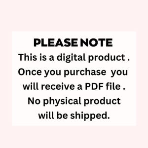 Puede incluir: Gr&aacute;fico rectangular blanco con el texto "PLEASE NOTE" en negrita negra. El texto de abajo indica que se trata de un producto digital y que se recibir&aacute; un archivo PDF tras la compra. No se enviar&aacute; ning&uacute;n producto f&iacute;sico.