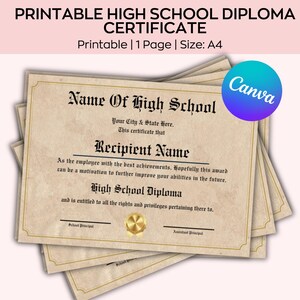 Druckbare GED-Diplomvorlage, College-Abschluss-Zertifikat, Canva Bearbeitbares College-Diplom, Abitur, bearbeitbares Abschlussdiplom
