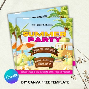 Flyer zomerfeest, sjabloonontwerp DIY-flyer, zwembadfeestuitnodiging flyer, flyer zomervakantie feest, flyer zomerevenement, vooraf gemaakte Instagram-post