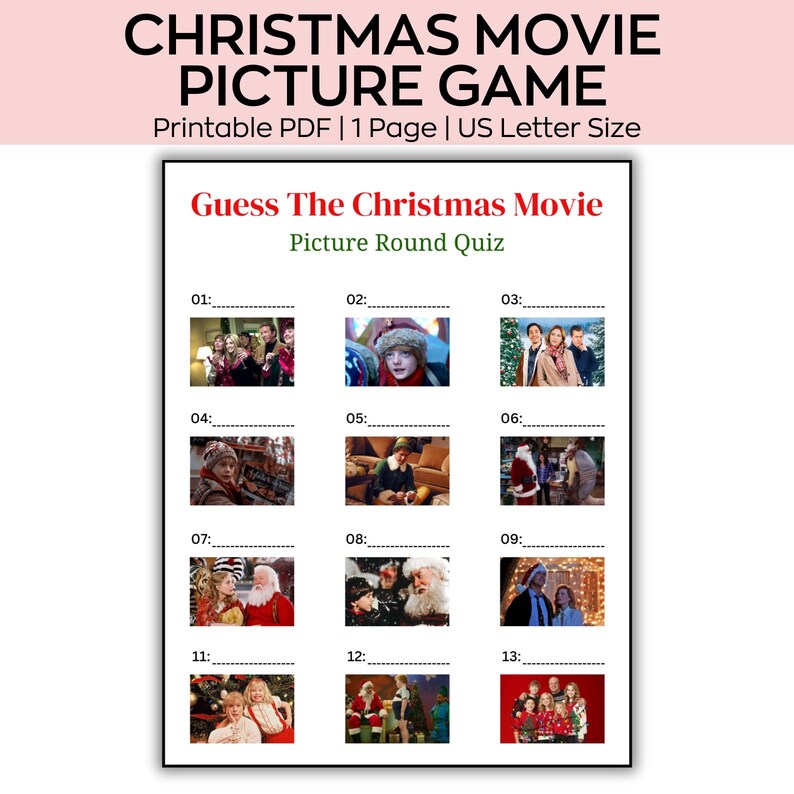 Christmas Movie Picture Quiz, Christmas Printable Game, Christmas Film