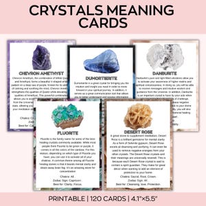 Puede incluir: Un conjunto de tarjetas imprimibles con significado de cristales. Cada tarjeta presenta un cristal diferente, incluyendo Chevron Amethyst, Dumortierite, Fluorita, Danburita y Rosa del Desierto. Las tarjetas miden 10,4 cm x 14 cm e incluyen informaci&oacute;n sobre cada cristal.