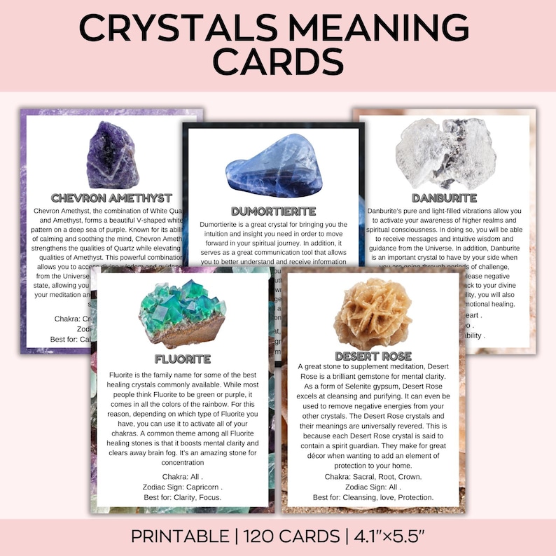 Puede incluir: Un conjunto de tarjetas imprimibles con significado de cristales. Cada tarjeta presenta un cristal diferente, incluyendo Chevron Amethyst, Dumortierite, Fluorita, Danburita y Rosa del Desierto. Las tarjetas miden 10,4 cm x 14 cm e incluyen informaci&oacute;n sobre cada cristal.