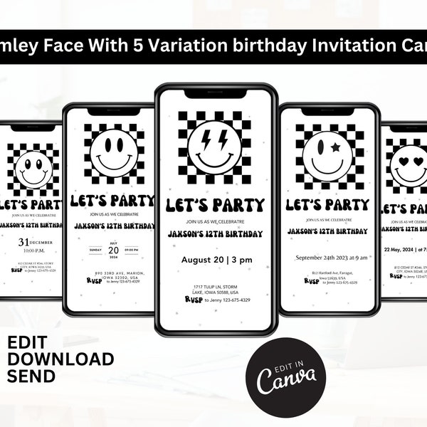 Birthday Invitation for Boy bundle, Smiley Face, canva Editable Template,Teen Bday Party, 8th, 10, 11, 13, 15th, boy invite,Checkered Invite