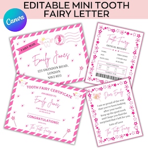 May include: A set of four pink and white printable Tooth Fairy letters and receipts. The designs include a fairy mail envelope, a certificate, a receipt, and a letter, all with star and fairy-themed decorations. The text includes the name "Emily Jones".