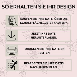 Peut inclure: Une infographie expliquant comment obtenir un design. Les &eacute;tapes incluent l'achat, le t&eacute;l&eacute;chargement, l'impression et la modification du fichier. Le fond est rose clair avec des motifs de feuilles.