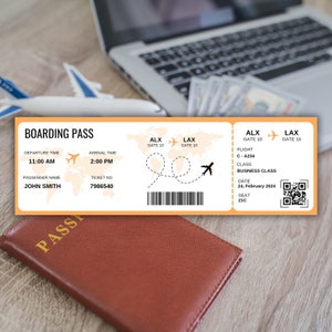 May include: A boarding pass with the text "BOARDING PASS" and flight details. A brown passport and a toy airplane are also visible. The departure time is 11:00 AM and the arrival time is 2:00 PM.