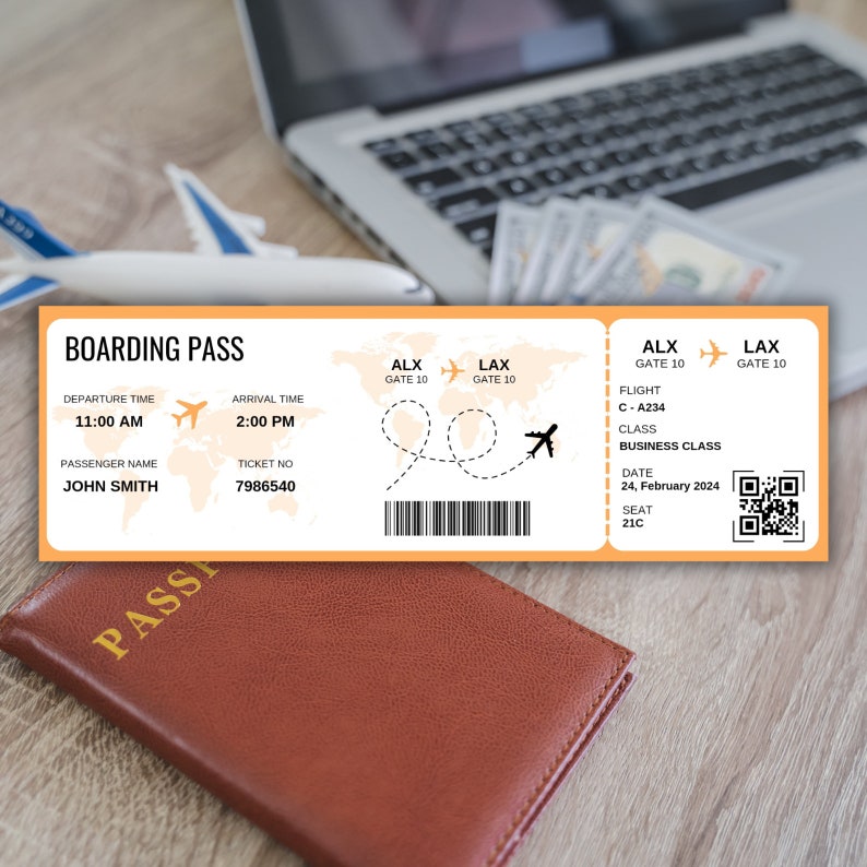 May include: A boarding pass with the text "BOARDING PASS" and flight details. A brown passport and a toy airplane are also visible. The departure time is 11:00 AM and the arrival time is 2:00 PM.