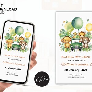 MODIFICABILE Invito di compleanno Safari, Invito per il primo compleanno di Wild One, Inviti per animali della giungla d'oro, Canva Selfediting, Invito di compleanno dello zoo