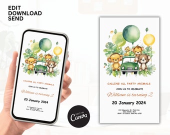 Invitation d’anniversaire Safari MODIFIABLE, invitation Wild One 1er anniversaire, invitations Gold Jungle Animals, Canva Selfediting, invitation d’anniversaire zoo