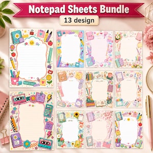 Preppy Note Sheets PNG Bundle, Cute School Notepad Printable,  Cute Decorated Lined Paper Pages, Colorful Doodle Writing Frames