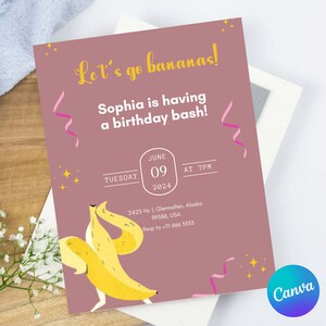 Sjabloon voor digitale uitnodiging voor feest, mobiele uitnodiging, Let,s Bananas, e-invite telefoonuitnodigingen, roze afdrukbaar, sms-uitnodiging voor feest