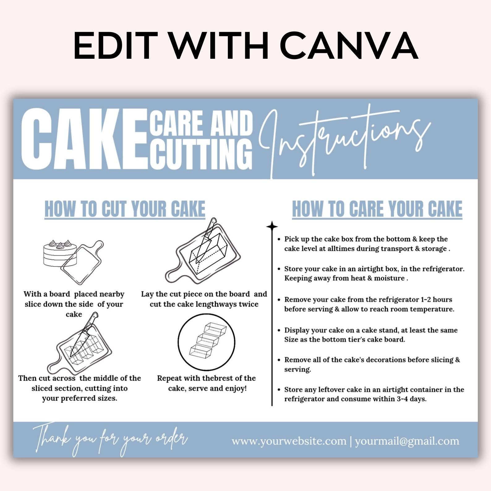 Editable Cake Care & Cutting Guide Canva Template, Cake Cutting Guide ...
