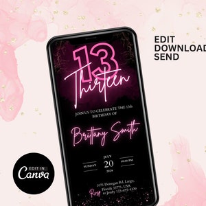 Invito per il 13° compleanno per ragazza e ragazzo, modello rosa acceso al neon, inviti Digita 13 Bday, festa di compleanno a sorpresa, modello elettronico modificabile Canva