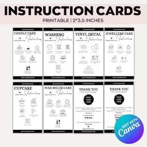 Bearbeitbare Pflegekarten Bundle, druckbare Cup Pflegekarte, Dankeskarte, Waschanleitung, Vinyl Aufkleber, Canva Vorlage, Verpackungseinsätze