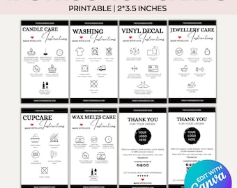 May include: A set of printable instruction cards, each measuring 5.08cm x 8.89cm. The cards cover topics such as candle care, washing instructions, vinyl decal application, and jewellery care. The cards feature icons and text, with a 'Thank You' card design.