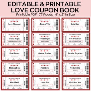 Plantilla de libro de cupones de amor editable e imprimible, cupón personalizable para el día de San Valentín, regalo de aniversario, vales de amor