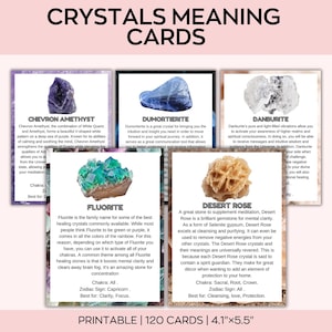 May include: A set of printable crystal meaning cards. The cards feature images of various crystals like Chevron Amethyst, Dumortierite, Fluorite, Danburite, and Desert Rose. Each card includes the crystal's name, description, and properties. The cards are 4.1" x 5.5" and come in a set of 120.
