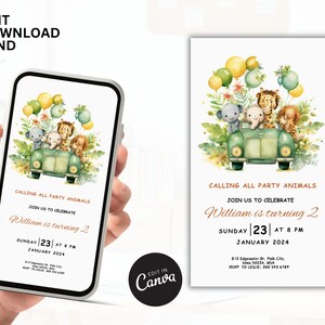 EDITIERBARE Safari-Geburtstagseinladung, Wild One 1. Geburtstag einladen, Dschungeltiere einladen, Zoo-Geburtstag einladen, Canva Selfediting Printable