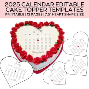 Herz-Kuchendeckel 2025 Kalender, Brennen-Kuchendeckel-Kalendervorlage, Zuckerguss, Oblatenpapier, Kuchendeckel, Canva Bearbeitbar