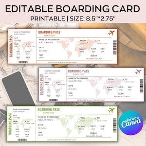 Modello di carta d'imbarco modificabile, biglietto d'imbarco stampabile, viaggio a sorpresa con carta d'imbarco Canva, biglietto aereo Canva, download digitale