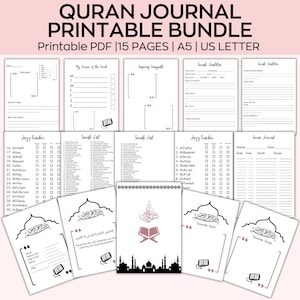 May include: A printable Quran journal bundle with 15 pages in A5 and US Letter sizes. The pages include daily goals, weekly verses, inspiring thoughts, surah lists, and a journal tracker. The design is primarily black and white with some pink accents.