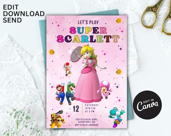 Princess Peach-uitnodiging, Super Mario Princess-verjaardagsuitnodiging, bewerkbare Mario Princess-uitnodiging, perzikfeestuitnodiging canvassjabloon