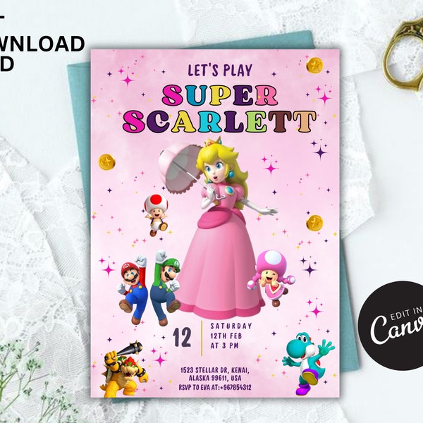 Princess Peach Invitation,Super Mario Princess Birthday Invite,Editable Mario Princess Invitation, Peach Party Invitation Canva Template