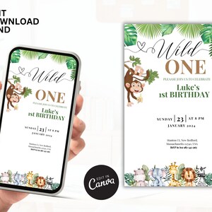 サファリ ワイルドワン 性別を問わない 1 歳の誕生日招待状、編集可能なパーティー招待状、グリーン ジャングル アニマル招待状、誕生日招待状の電子テンプレート