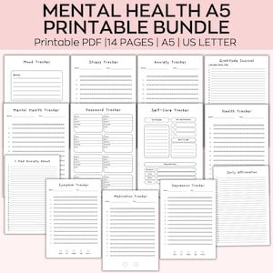 Paquete de seguimiento de salud mental, seguimiento de ansiedad, seguimiento de síntomas, seguimiento de autocuidado, seguimiento de depresión, páginas de diario A5 imprimibles