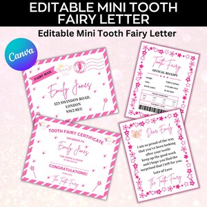 Bewerkbare mini-tandenfeebrief, tandenfee-envelopsjabloon, bon, tandenfeecertificaat, tandenfee-notitie