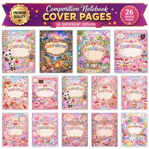 Può includere: Una collezione di 26 pagine di copertina per quaderni di composizione con illustrazioni colorate e dettagliate di panda, dinosauri, dolci e scene fantasy. Ogni pagina include una cornice centrale con il testo COMPOSITION.