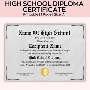 Printable High School Diploma, Home School Diploma,Diploma Replica Template, Printable Certificate With Seal, Canva Editable