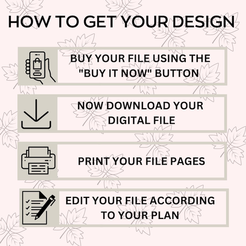 Puede incluir: Gr&aacute;fico con el texto "HOW TO GET YOUR DESIGN" e instrucciones: Comprar archivo, descargar archivo digital, imprimir p&aacute;ginas y editar archivo. Fondo rosa claro con hojas.