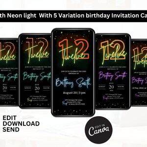 ネオンライトの誕生日招待状、編集可能な電子招待状テンプレート、12歳の誕生日招待状、光るパーティー、子供の誕生日、パーティーをしよう、誕生日のテキストメッセージ