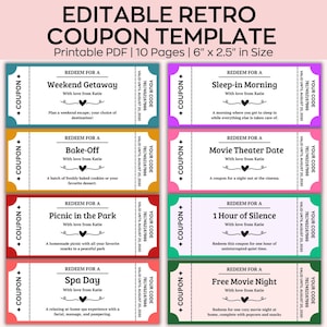 Modello di coupon modificabile retrò, modello di libro di coupon per la festa della mamma, regalo dell'ultimo minuto, coupon di compleanno stampabili, coupon d'amore
