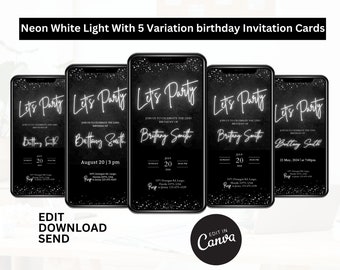 Neon white Light Digital Party e-invite Template, Glitter Invite, Canva Editable, Birthday Message Invitation,  Black Neon white text invite