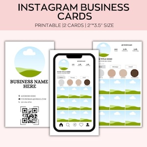 May include: Printable Instagram business cards with a white background. The design includes a business card layout, an Instagram profile mockup, and a grid layout. The cards are 2" x 3.5" in size and feature space for a business name, contact info, and a QR code.