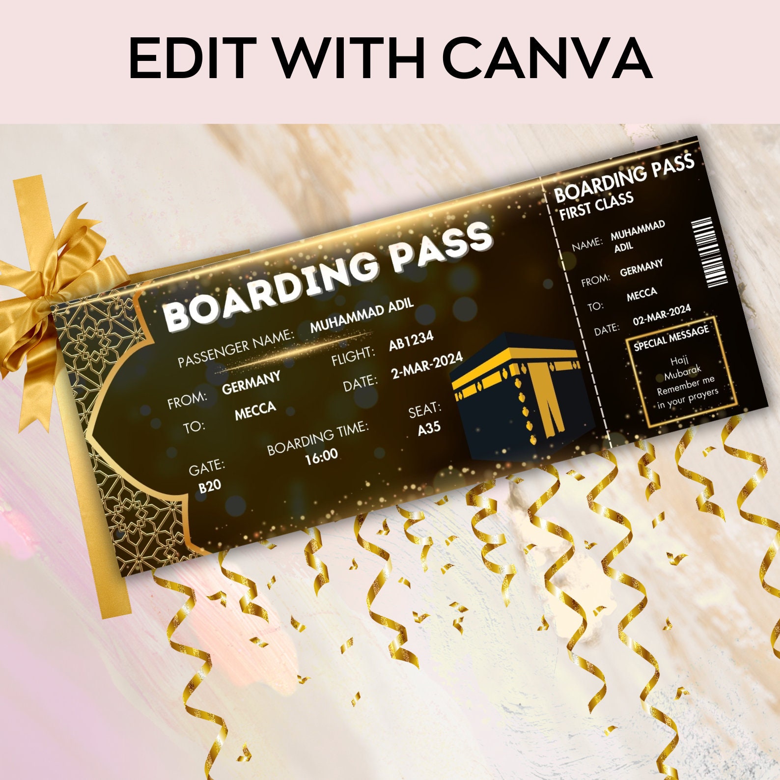 Hajj Boarding Pass,editable Hajj Plane Ticket,makkah Umrah Gift ,madinah,mecca Travel,memrobila