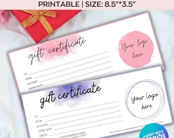 Editable Rosegold Gift Certificate Template, Blush Pink Gift Voucher, Rosegold DIY Gift Card Add Logo,Custom Voucher Printable Gift