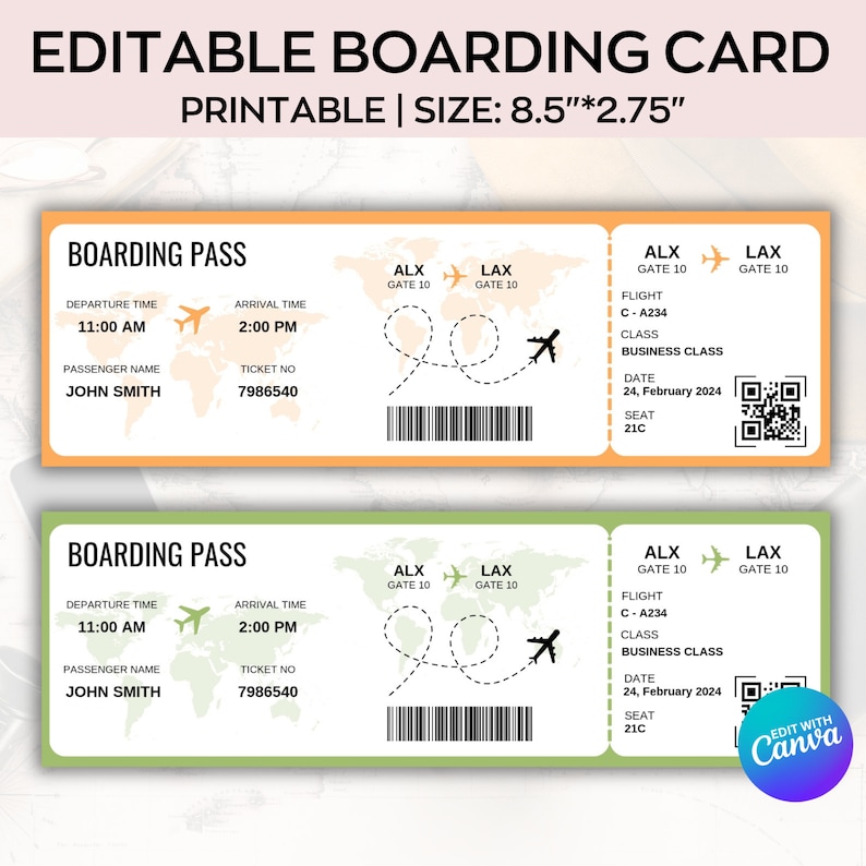 May include: Two printable boarding passes with the text "EDITABLE BOARDING CARD" and "PRINTABLE | SIZE: 8.5*2.75". The passes are orange and green, with flight details, including departure and arrival times, passenger name, and ticket number.