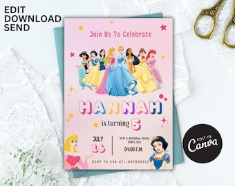 May include: A pink birthday invitation with Disney princesses. The invitation says "Join Us To Celebrate" and includes the name "HANNAH" and the date "JULY 16". The invitation also includes the text "is turning 5".