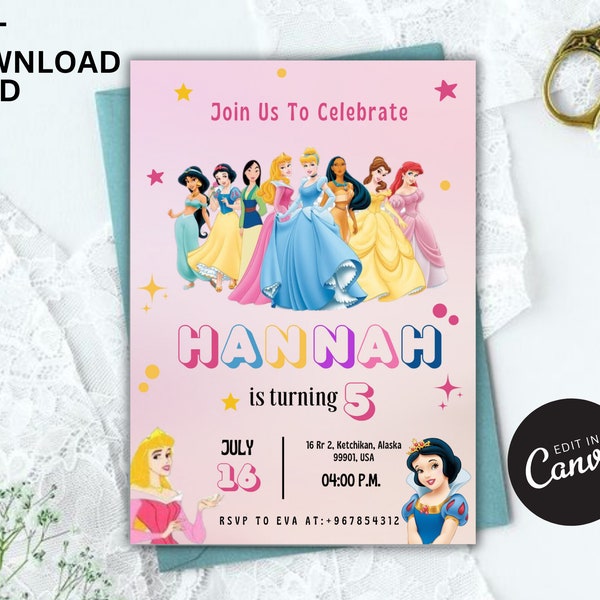 Princess Birthday Invitation Template, Editable Pink Princess Theme, Girls Kids Birthday invite Canva, Royal Girl Celebration Invite Magical