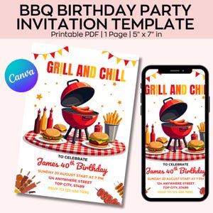Carte d'invitation d'anniversaire modifiable Grill and Chill, invitation à une soirée barbecue, anniversaire de barbecue d'été, invitation barbecue, soirée barbecue