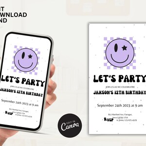Convite de aniversário para menina, rosto sorridente, modelo editável canva, festa de aniversário de adolescente, 8º, 10º, 11º, 13º, 15º, convite de menina, convite xadrez