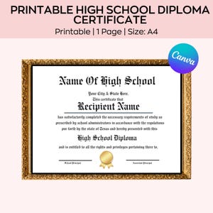 Editable High School Diploma Template,  Graduation Certificate, Homeschool Diploma, Diploma Replica Template, Canva Editable.