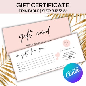 Plantilla de certificado de regalo editable en oro rosa, vale de regalo en rosa ruborizado, tarjeta de regalo de oro rosa para hacer uno mismo con el logotipo, vale personalizado para imprimir