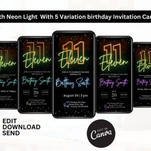 ネオンライトの誕生日招待状、編集可能な電子招待状テンプレート、11歳の誕生日招待状、光るパーティー、子供の誕生日、パーティーをしよう、誕生日のテキストメッセージ