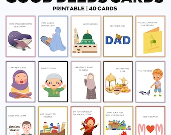 Good Deeds Cards Printable, Ramadan Cards, Ramadan Advent Cards, Kids Good Deeds, Ramadan kids Activities, Muslim Activity, Ramadan Calendar